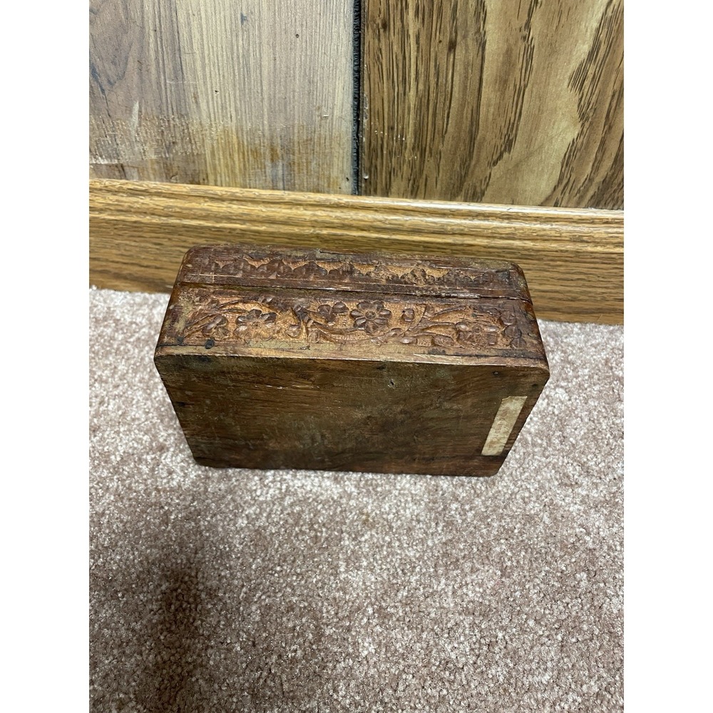 VTG Wooden Hand Carved Jewelry Trinket Box Hinged Lid Made India Inlaid Felt 70 - Picture 6 of 10
